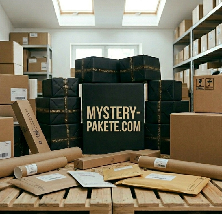 Lagerraum mit vielen Kartons und einem zentralen Schild von mystery-pakete.com.