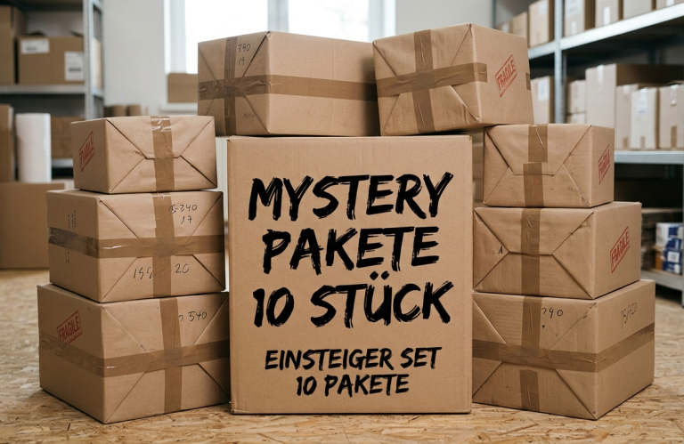 Karton mit der Aufschrift „Mystery Pakete 10 Stück“ vor mehreren verpackten Paketen.