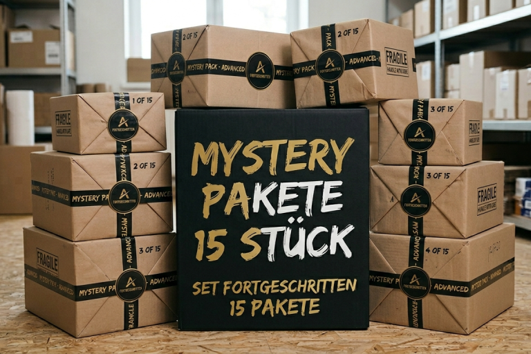 Mystery-Pakete mit 15 Stück in einem Lager, umgeben von Paketen.