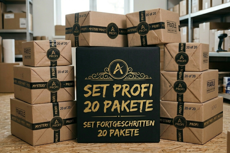 Schwarze Box mit goldener Aufschrift "SET PROFI 20 PAKETE" umgeben von braunen Kartons.