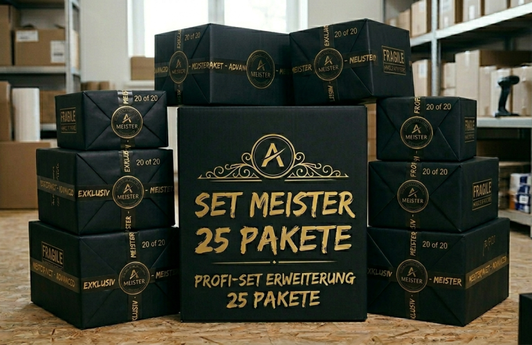 Schwarzer Kartonstapel mit Goldschrift "SET MEISTER 25 PAKETE" im Hintergrund.